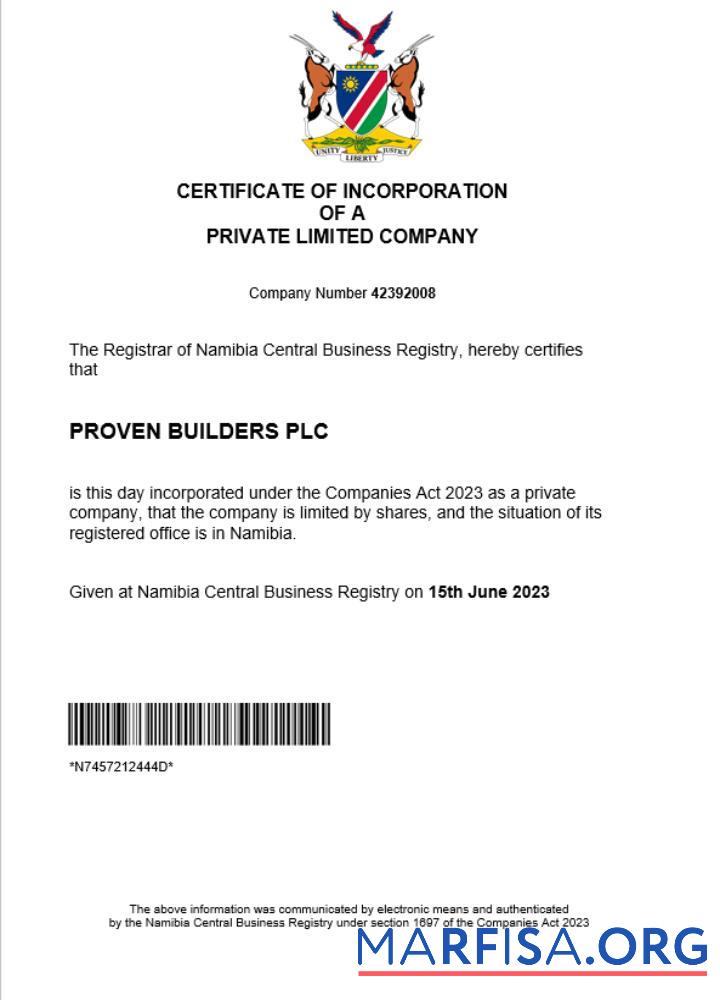 Downloadable Namibia company registration certificate Word and PDF template